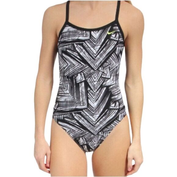 Nike Scatter Brain Black White One Piece Swimsuit NWT Sz 10 - Picture 1 of 10